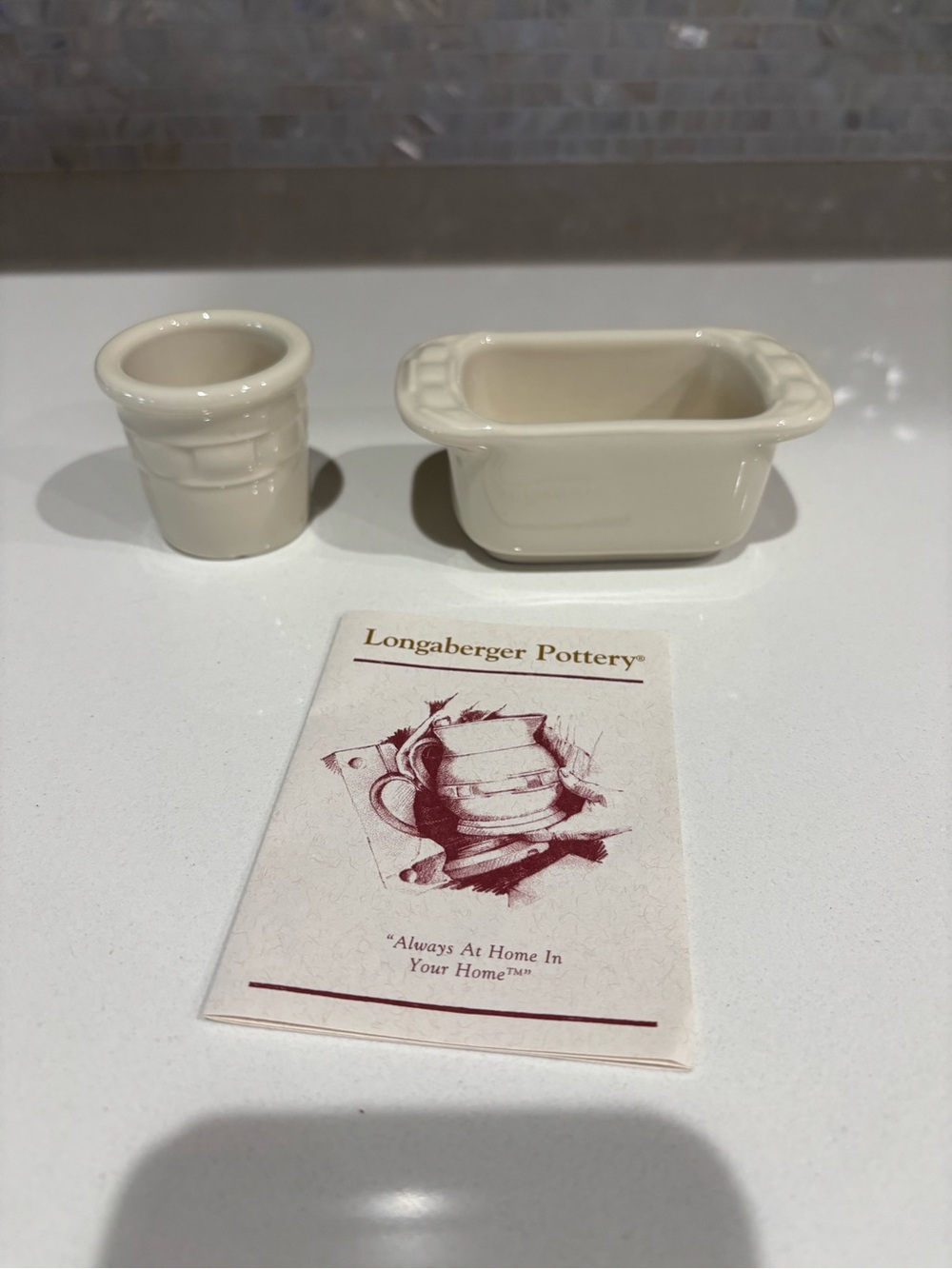 Longaberger Cream Ceramic Mini Planter and Rectangular Dish Set